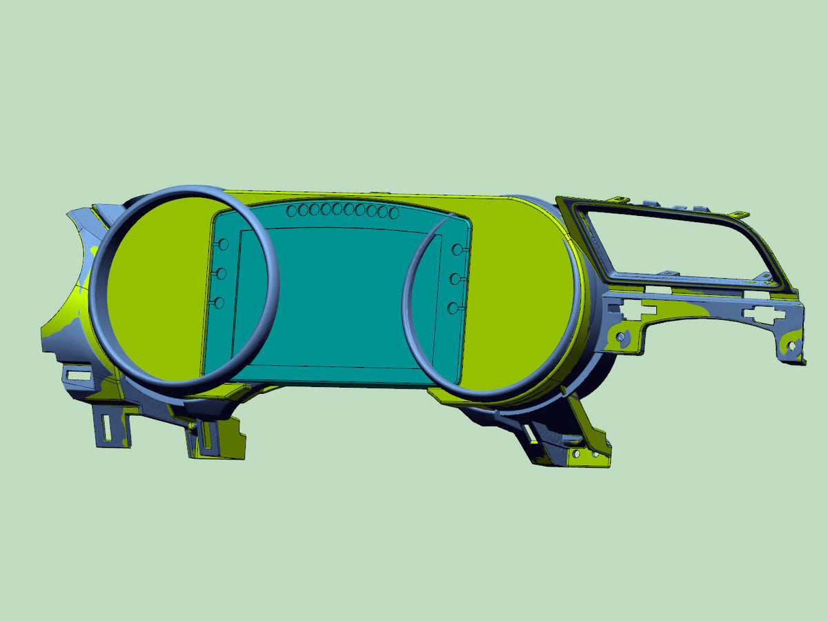 CAD model of the dash cluster mount designed around the scanned OEM mounting points