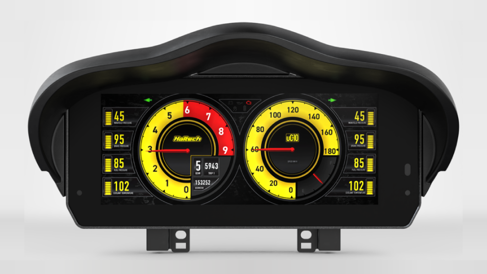 Digital dashboard display with various gauges on a white background