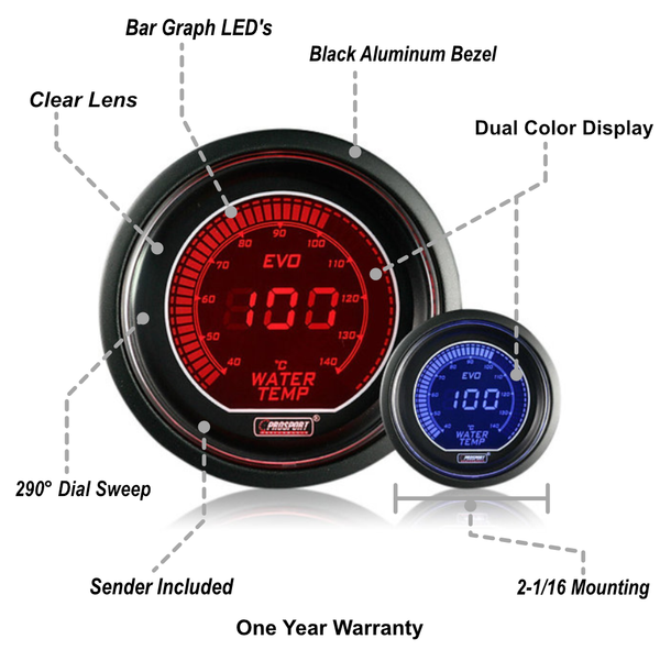 52mm Electrical 'Evo' Water Temperature Gauge - Red/Blue